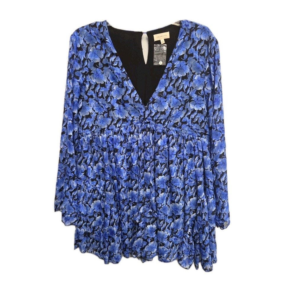 Promesa Chiffon Babydoll Blue Floral Lined Tiered Dress‎ Sz L Bohemian Romantic